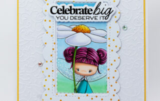 Handmade card inspiration featuring Stamping Bella Whimsabella DaisyDream fairy stamp in a postage collage frame.