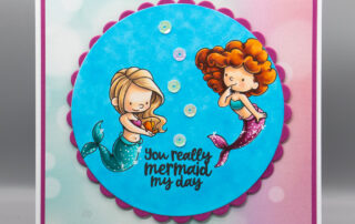 Stamped scene card inspiration featuring Sweet November Stamps Mer Friends clear stamp set, coloured using Copic markers.