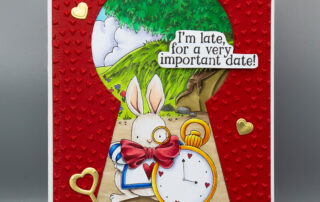 Handmade Copic coloured keyhole scene card inspiration featuring Stamping Bella Tiny Townie Wonderland White Rabbit rubber stamp & Rabbit Hole Backdrop rubber stamp.