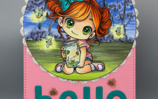 Stamped scene card inspiration & Copic marker colouring video featuring Sweet November Stamps Flutterbee Kaylee clear stamp set, in a night time scene with glow effects.