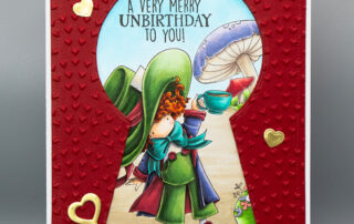 Handmade Copic coloured keyhole scene card inspiration featuring Stamping Bella Tiny Townie Wonderland Mad Hatter rubber stamp & Gnome Backdrop rubber stamp.