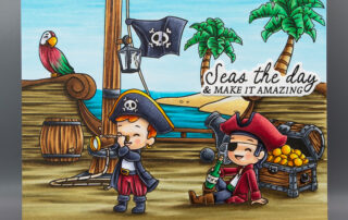 Stamped scene card inspiration & Copic marker colouring video featuring Sweet November Stamps A Wee Bit of Piracy and Background Builder Yo Ho Ho clear stamp sets.