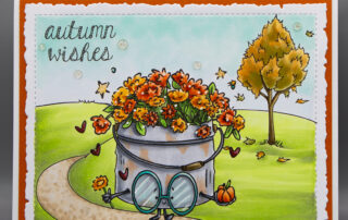 Handmade Copic coloured autumn scene card inspiration and colouring video featuring Stamping Bella Spec-Tacular Pail of Mums & Fall Backdrop rubber stamp.