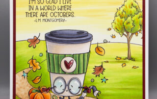 Handmade Copic coloured autumn scene card inspiration and colouring video featuring Stamping Bella Spec-Tacular Pumpkin Latte & Fall Backdrop rubber stamps.