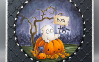 Handmade Halloween card inspiration & Copic marker colouring video featuring Stamping Bella Little Cutie Ghostly Fun rubber stamp.