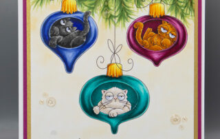 Handmade Christmas card inspiration & Copic marker colouring video featuring Stamping Bella Oddball Bauble Cats rubber stamp.