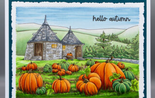 Handmade autumn scene card inspiration & Copic marker colouring video featuring Stamping Bella Pumpkin Patch Hut Backdrop rubber stamp.