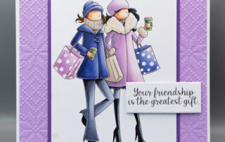 Handmade card inspiration & Copic marker colouring video featuring Stamping Bella Uptown Girls Francesca & Madeleine love Shopping rubber stamp.