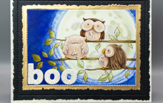 Handmade Halloween scene card inspiration & Copic marker colouring video featuring Stamping Bella Little Owl Trio rubber stamp.