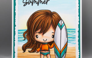 Beach scene card inspiration & Copic marker colouring video featuring The Greeting Farm Surf's Up Anya clear stamp set.