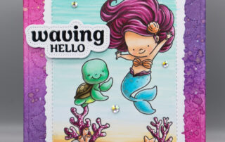 Mermaid scene card inspiration & Copic marker colouring video featuring Pink & Main's YUZU Let's Make Waves clear stamp set.