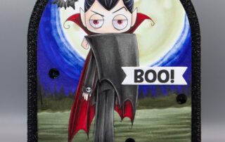 Halloween scene card inspiration & Copic marker colouring video featuring Stamping Bella Oddball Dracula rubber stamp.