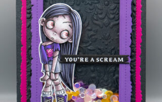 Halloween shaker card inspiration & Copic marker colouring video featuring Sweet November Stamps Zoe the Zombie clear stamp set & Shaker Mix.