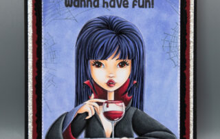 Halloween card inspiration & Copic marker colouring video featuring Stamping Bella Mochi Girl Vampiress rubber stamp.