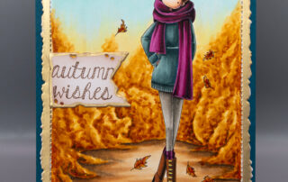 Autumn scene card inspiration & Copic marker colouring video featuring Stamping Bella Uptown Girl Freya loves Fall rubber stamp.