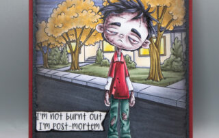 Halloween card inspiration & Copic marker colouring video featuring Sweet November Stamps Xander the Zombie digital stamp.