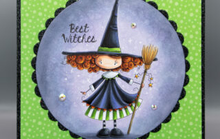 Halloween or everyday card inspiration & Copic marker colouring video featuring Stamping Bella Whimsabella Witch Elspeth Spindlewick rubber stamp.