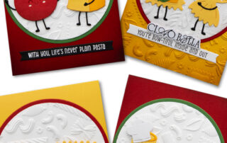 Fun handmade pasta themed die cut card designs featuring Spellbinders Buon Appetito collection dies, embossing folder and stamps.