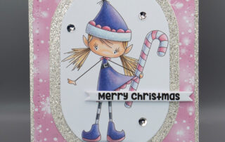 Christmas card inspiration & Copic marker colouring video featuring Stamping Bella Whimsabella Christmas Elf HollyBelle rubber stamp.