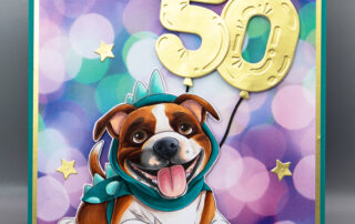 Special birthday card inspiration & Copic marker colouring video featuring Sweet November Stamps Arthur's Dino Costume digital stamp.