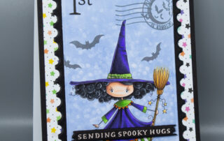Postage style card inspiration & Copic marker colouring video featuring Stamping Bella Whimsabella Witch Elspeth Spindlewick rubber stamp.