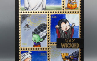 Halloween card & Copic marker video featuring Sweet November Stamps Halloween Postage Pals clear stamp sets & Waffle Flower Postage Collage die.
