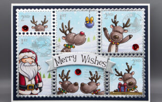 Christmas card & Copic marker video featuring Sweet November Stamps Postage Pals Santa & Reindeer clear stamp set & Waffle Flower Postage Collage die.
