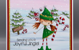 Christmas card inspiration featuring Stamping Bella Whimsabella Christmas Elf Hollybelle and North Pole Backdrop rubber stamps!