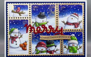 Christmas card & Copic marker video featuring Sweet November Stamps Postage Pals Snowmen clear stamp set & Waffle Flower Postage Collage die.