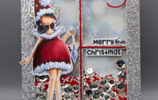 Christmas shaker card inspiration featuring Stamping Bella Curvy Girl Feels Festive rubber stamp coloured using Copic markers.