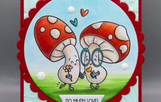 Cute card inspiration featuring Stamping Bella Mushroom Besties rubber stamp (illustrated by Amy Glatiotis) coloured using Copic markers.