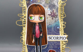 Tag inspiration & Copic colouring video featuring Stamping Bella Oddball Zodiac Scorpio rubber stamp set coloured using Copic markers.