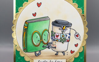 Cute card inspiration & Copic colouring video featuring Stamping Bella Spec-Tacular Book & Tea rubber stamp (illustrated by Amy Glatiotis).