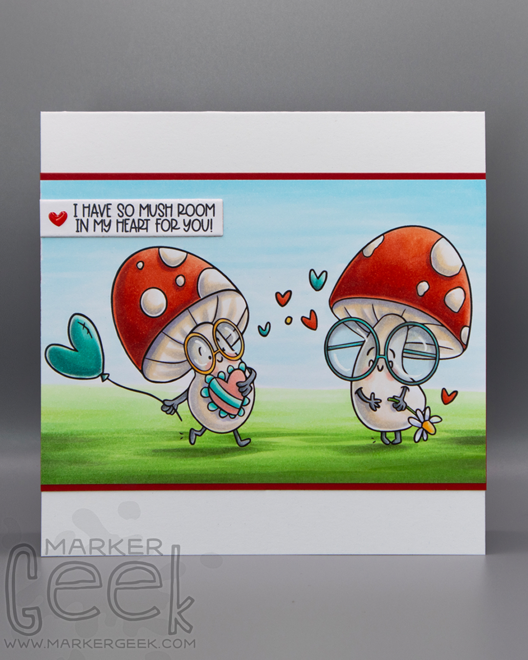 Cute card & Copic video featuring Stamping Bella Mushroom with a Heart Balloon & with a Flower rubber stamps (illustrated by Amy Glatiotis).