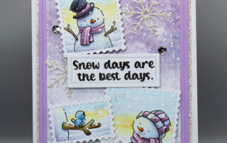 Christmas card & Copic marker video featuring Sweet November Stamps Postage Pals Snowmen clear stamp set & Waffle Flower Postage Collage die.