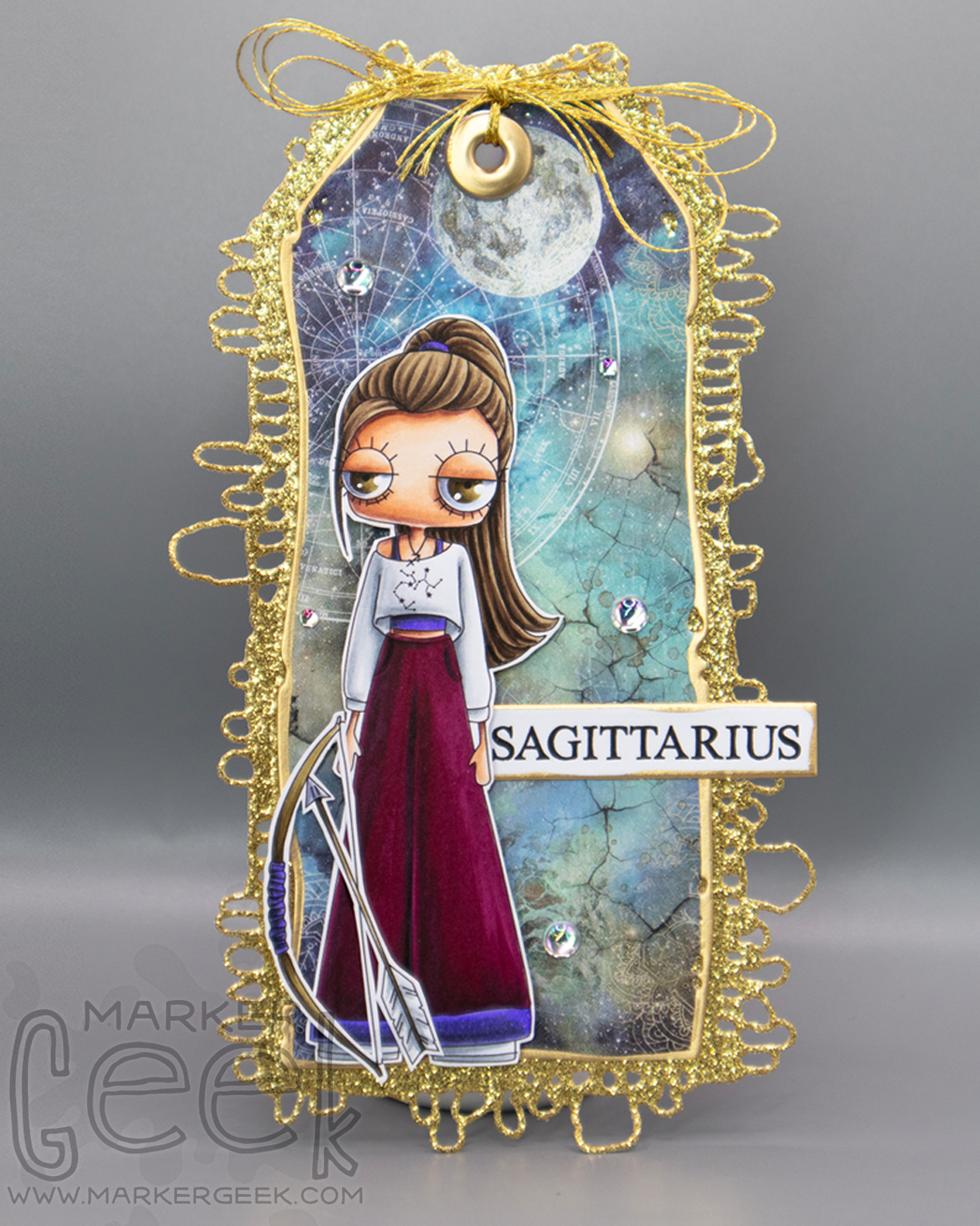 Tag inspiration & Copic colouring video featuring Stamping Bella Oddball Zodiac Sagittarius rubber stamp set coloured using Copic markers.