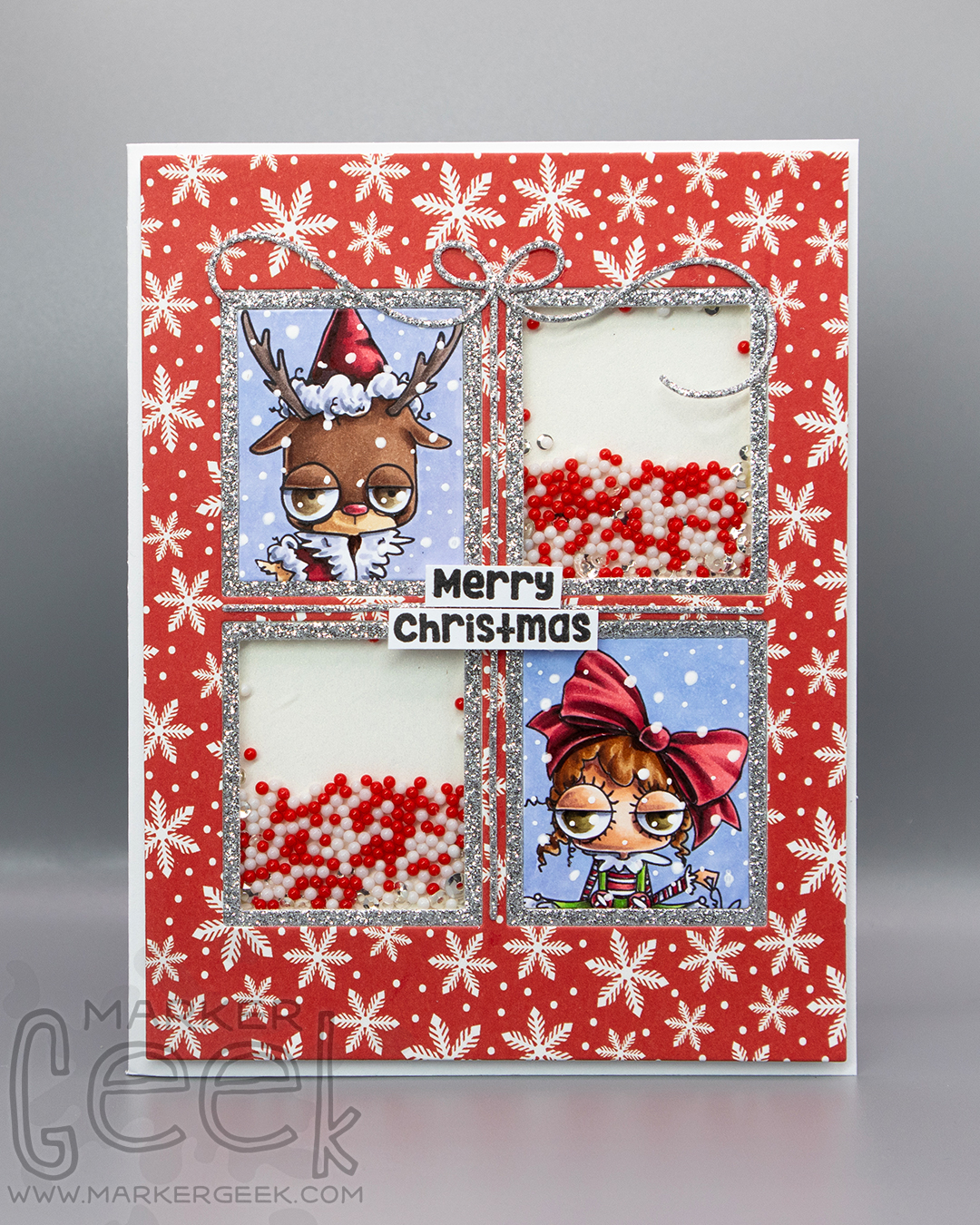 Christmas shaker card inspiration featuring Stamping Bella Oddball Reindeer & Mini Oddball on a Stack of Gifts rubber stamps coloured using Copic markers.