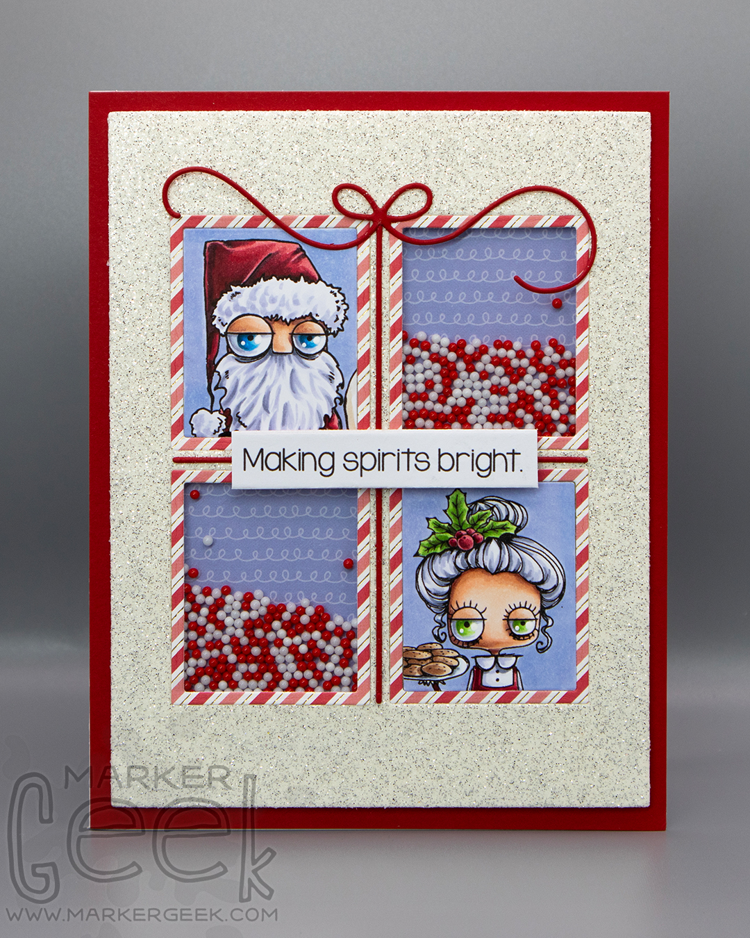 Christmas shaker card inspiration featuring Stamping Bella Oddball Santa & The Missus rubber stamp set coloured using Copic markers.